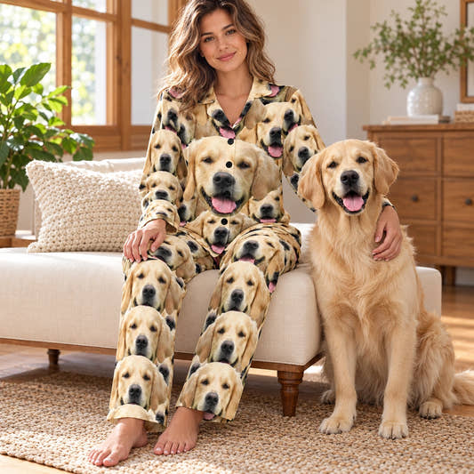 Personalized Pet Pajamas Seamless Face Women's Long Sleeve Pajama Set, shown in the original print on a seated model with a pet in a warm home.