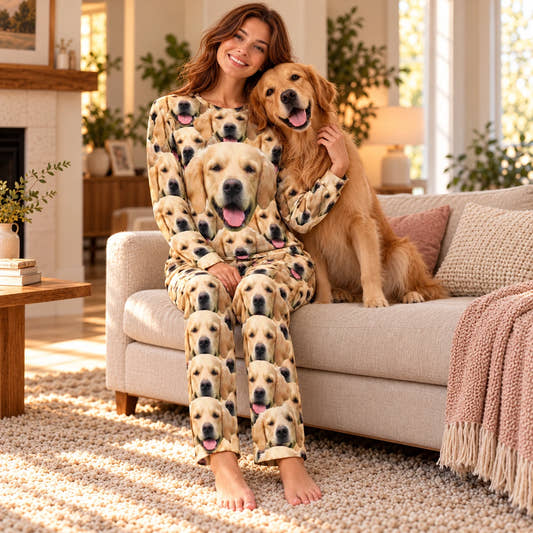 Personalized Pet Pajamas Seamless Face Women's Long Sleeve Pajamas, worn by a model relaxing on a sofa with a pet.