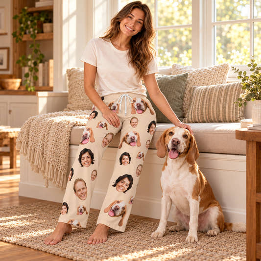 Personalized Pet Pants Face Everywhere Face Pajama Pants for Women, worn by a model spending time with a pet on a rug.
