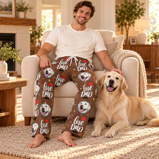 Personalized Pet Face Love Dad Star Pattern Pajama Pants, worn by a model relaxing beside a pet at home.