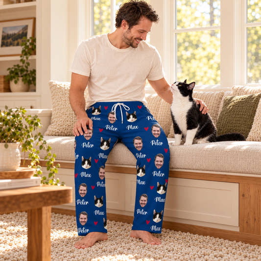 Personalized Pet Pants Face&Name Love Pajama Pants for Men, worn by a model spending time with a pet on a rug.