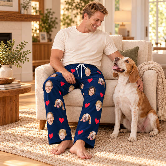 Personalized Pet Pants Love Family Pajama Pants for Men, worn by a model relaxing beside a pet at home.