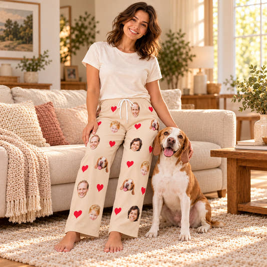 Personalized Pet Pants Love Family Pajama Pants for Women, worn by a model relaxing on a sofa with a pet.