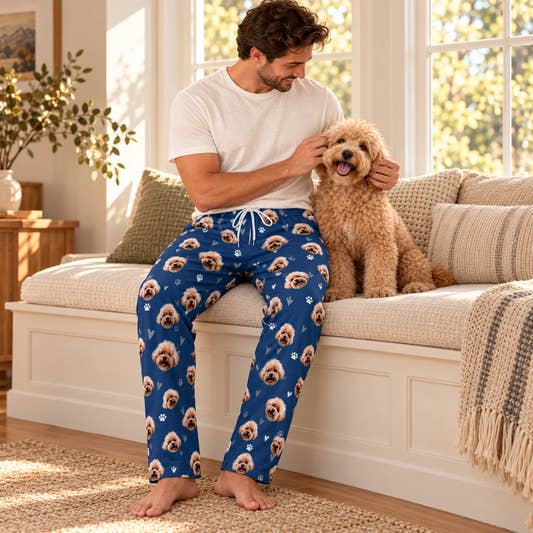 Personalized Pet Pants Love&Paws Pajama Pants for Men, worn by a model spending time with a pet on a rug.