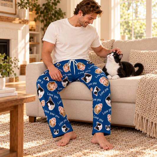 Personalized Pet Pants Love You Face Pajama Pants for Men, worn by a model relaxing on a sofa with a pet.