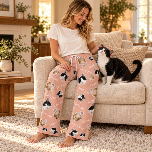 Personalized Pet Pants Love You Face Pajama Pants for Women, worn by a model spending time with a pet on a rug.