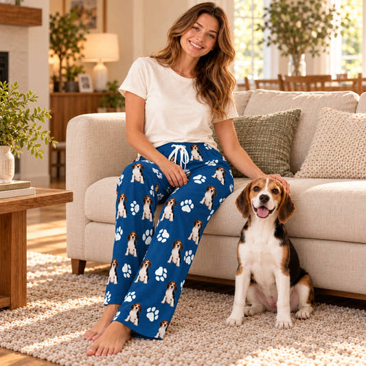 Personalized Pet Pants Lovely Pet and Paws Unisex Pajama Pants, worn by a model relaxing on a sofa with a pet.