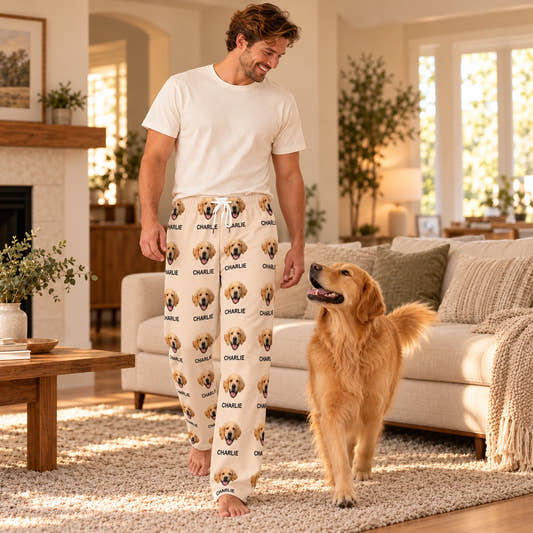 Personalized Pet Pants Multi Pets and Names Unisex Pajama Pants, worn by a model spending time with a pet on a rug.