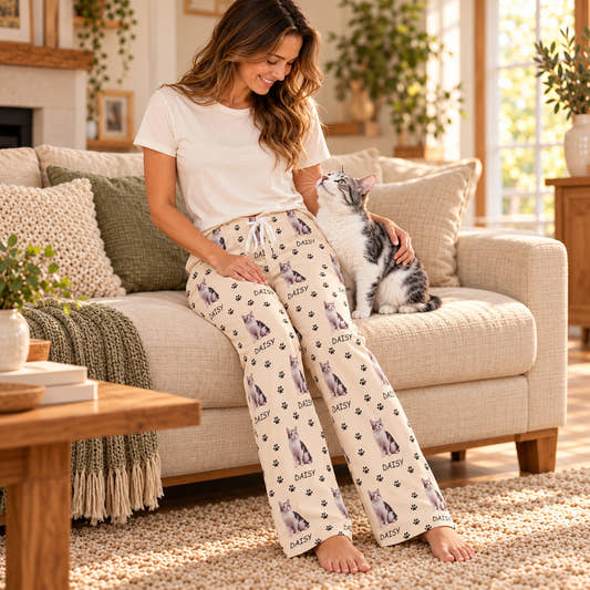 Personalized Pet Pants Pet Paws Path Unisex Pajama Pants, worn by a model relaxing on a sofa with a pet.