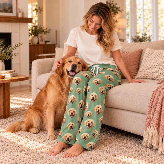 Personalized Pet Pants Pets Everywhere Unisex Pajama Pants, worn during a relaxed moment with a pet at home.