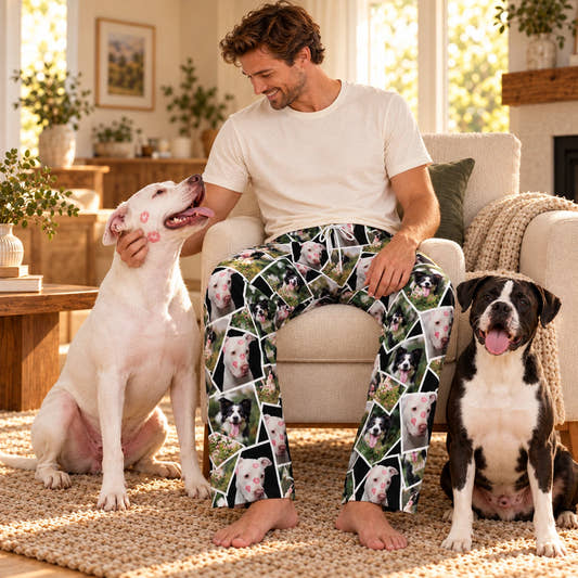 Personalized Pet Pants Photos Pajama Pants for Men, worn by a model spending time with a pet on a rug.