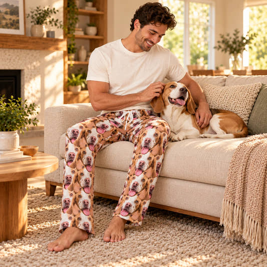 Personalized Pet Pants Seamless Pet Unisex Pajama Pants, worn by a model relaxing on a sofa with a pet.