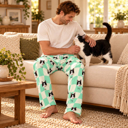 Personalized Pet Pants Twisted plaid Pajama Pants for Men, worn by a model relaxing on a sofa with a pet.