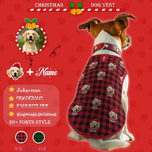 WePrintMePet ClothesCustom Pet Face&Name Pet Vest Santa Hat Red Plaid Dog Vest