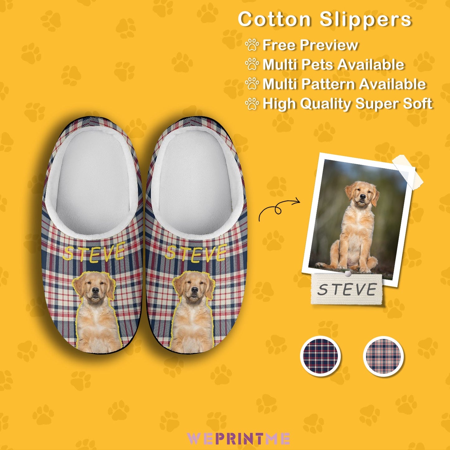 WEPRINTMESlippersCustom Pet Face and Name Plaid Cotton Slippers