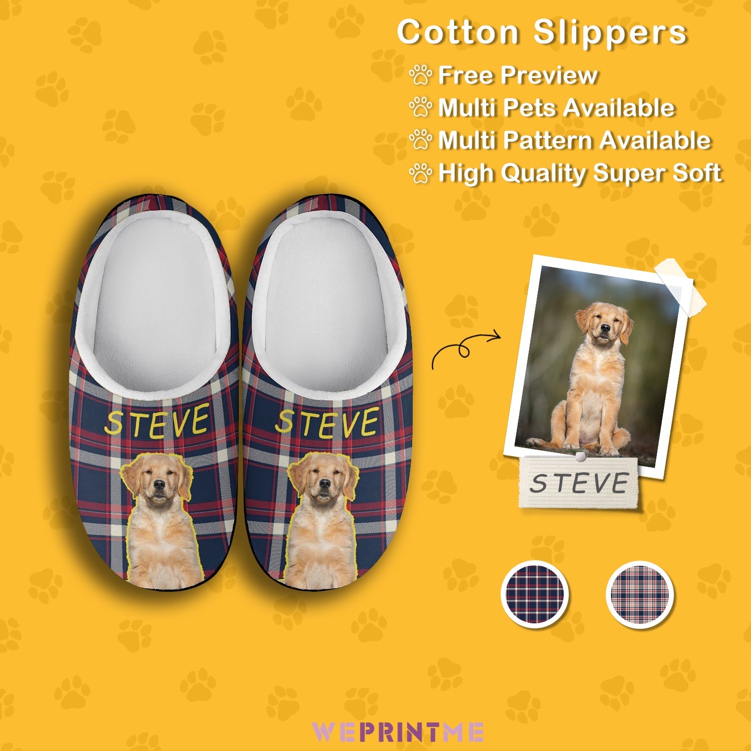WEPRINTMESlippersCustom Pet Face and Name Plaid Cotton Slippers