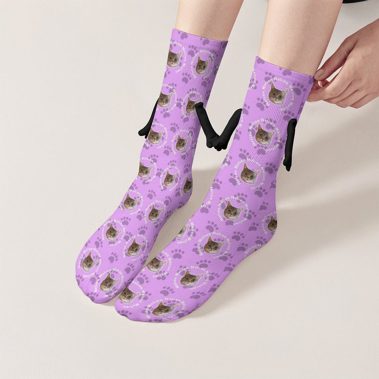 WEPRINTMESocksCustom Pet Face and Circle Name Holding Hands Socks