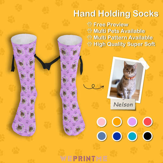 WePrintMeSocksCustom Pet Face and Circle Name Holding Hands Socks