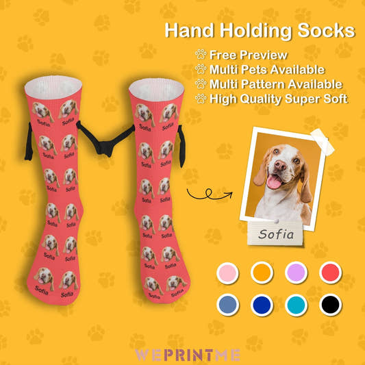 WePrintMeSocksCustom Pet Face and Name Holding Hands Socks