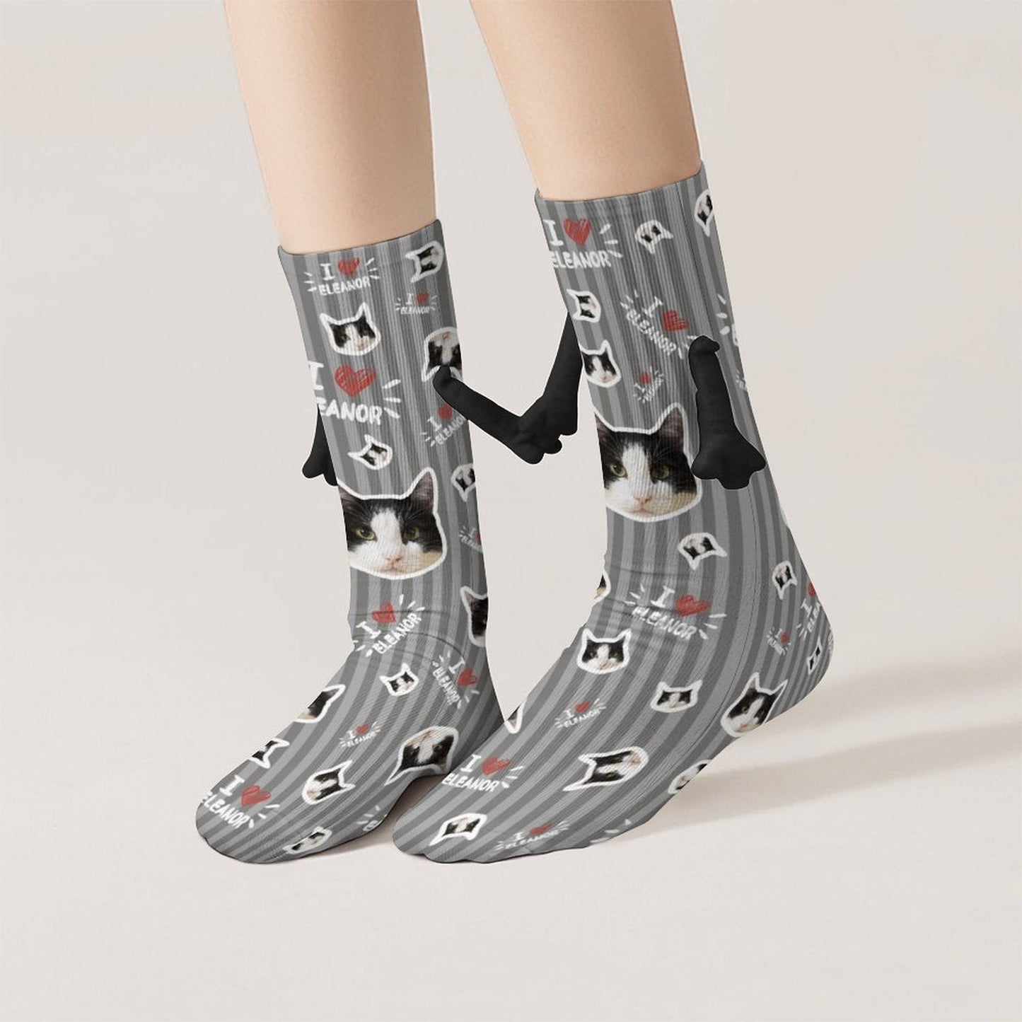 WEPRINTMESocksCustom Pet Face and Name Stripe Holding Hands Socks
