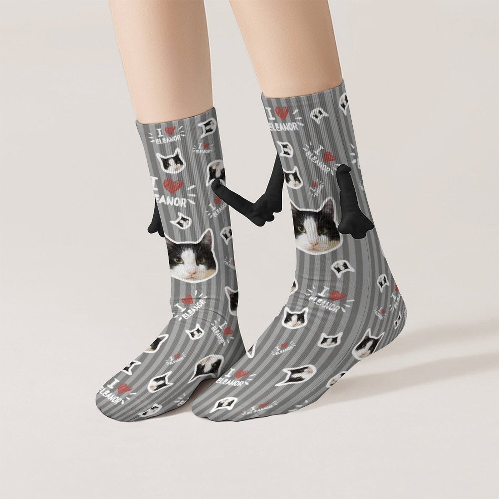 WEPRINTMESocksCustom Pet Face and Name Stripe Holding Hands Socks