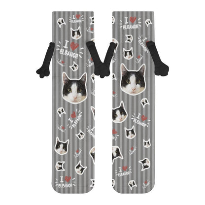 WEPRINTMESocksCustom Pet Face and Name Stripe Holding Hands Socks