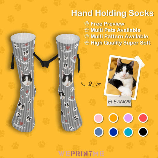 WePrintMeSocksCustom Pet Face and Name Stripe Holding Hands Socks