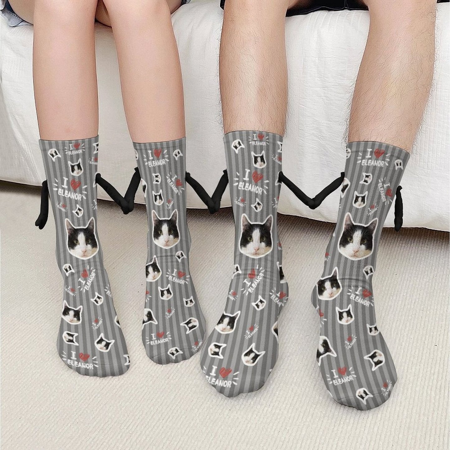 WEPRINTMESocksCustom Pet Face and Name Stripe Holding Hands Socks