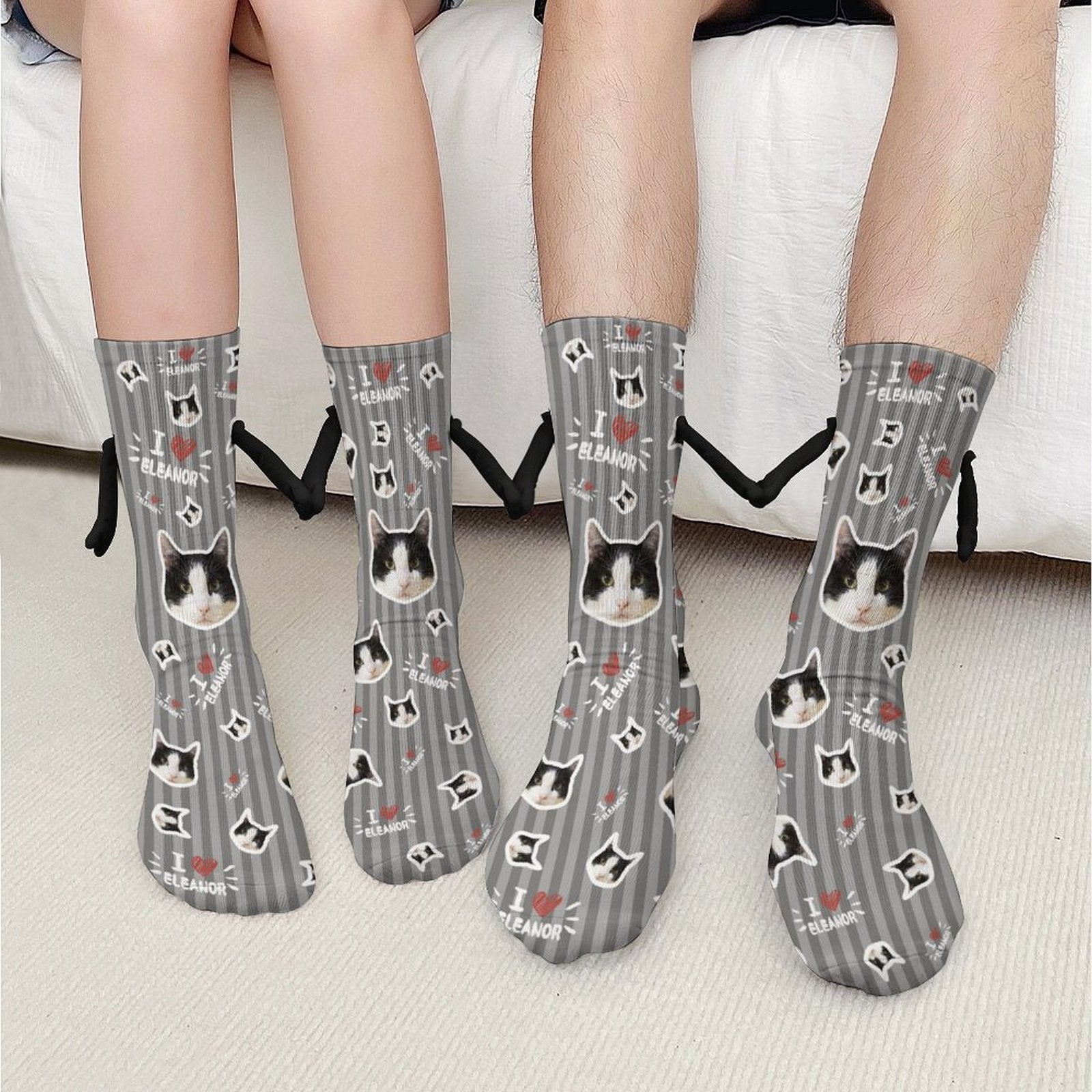 WEPRINTMESocksCustom Pet Face and Name Stripe Holding Hands Socks