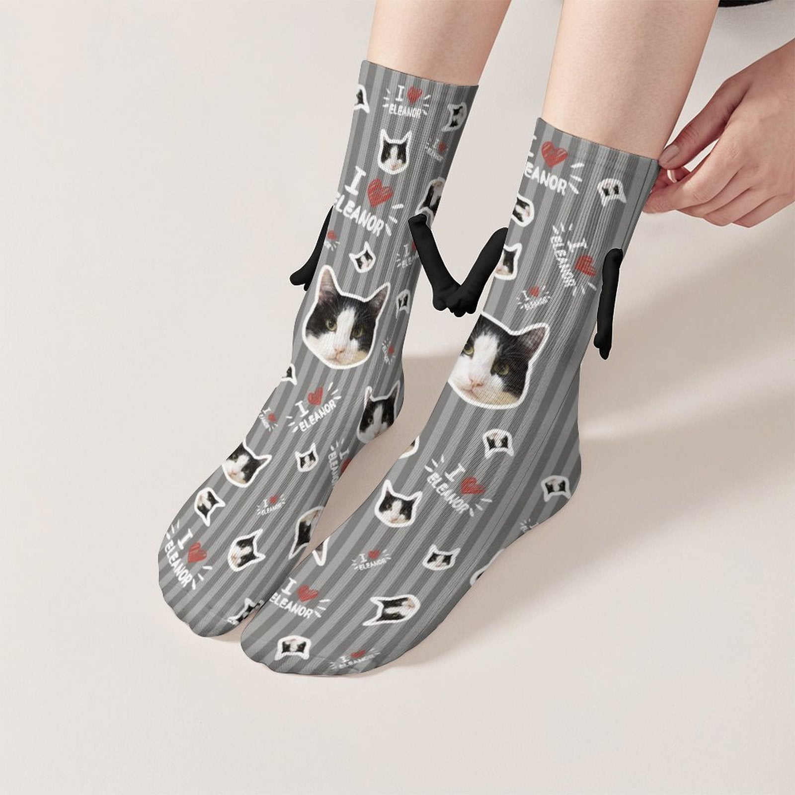 WEPRINTMESocksCustom Pet Face and Name Stripe Holding Hands Socks
