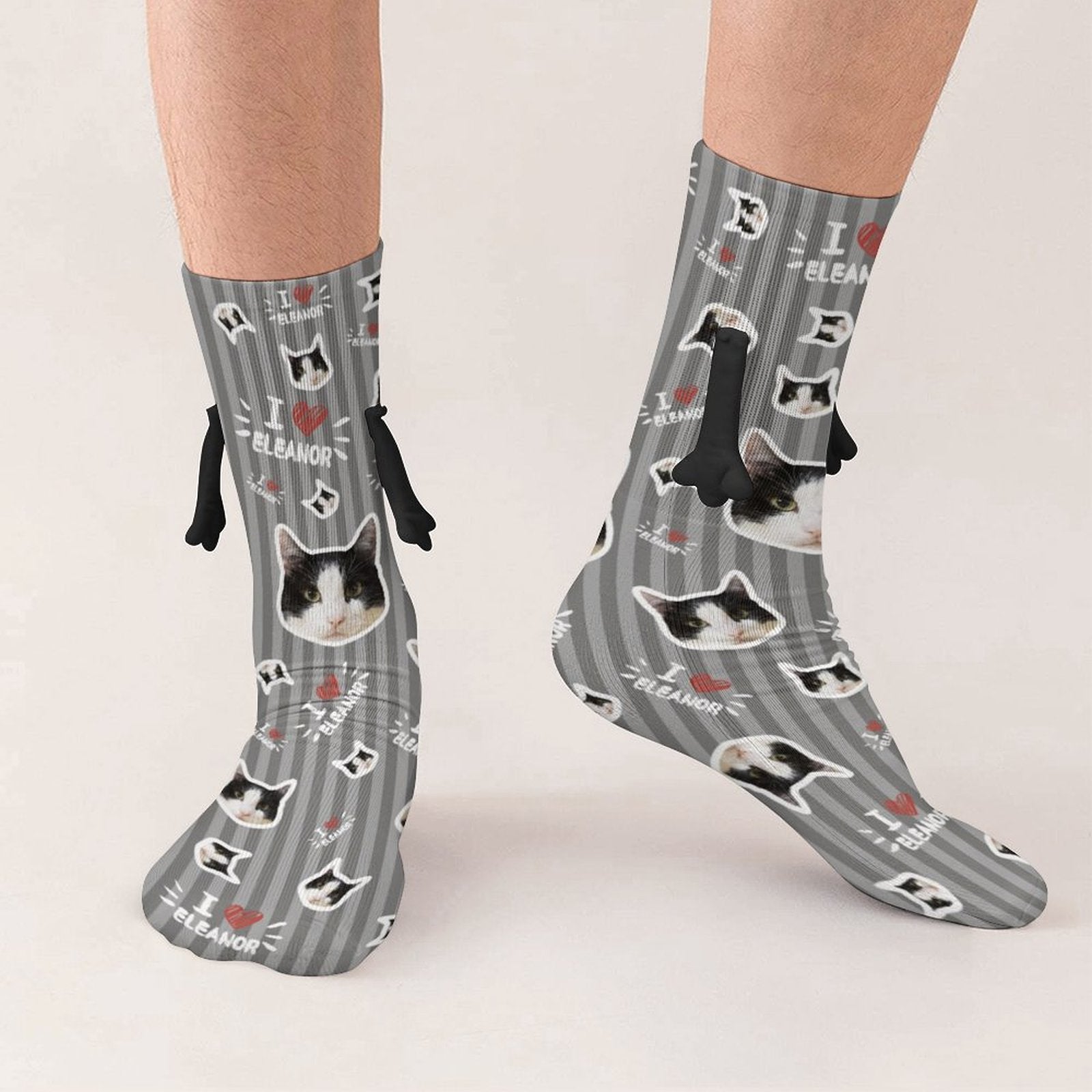 WEPRINTMESocksCustom Pet Face and Name Stripe Holding Hands Socks