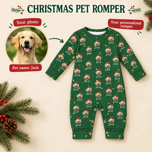 Photo and Name Christmas Baby Onesie baby baby onesie: customization example showing the source pet photo and personalized garment.