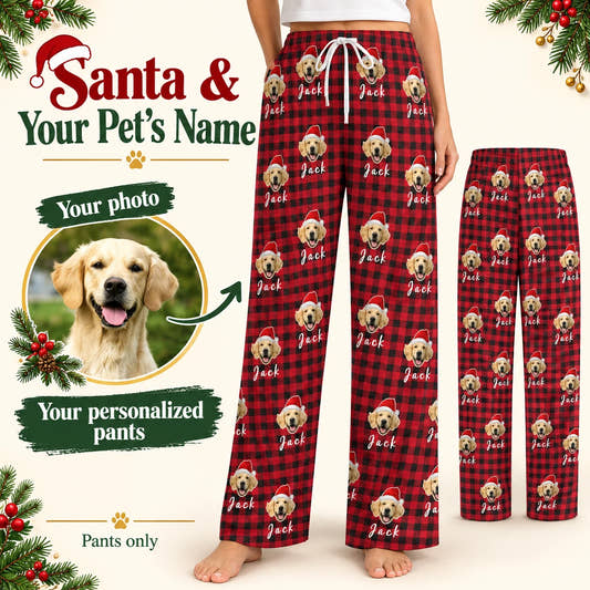 Photo and Name Santa Pajama Pants adult pajama pants: customization example showing the source pet photo and personalized garment.