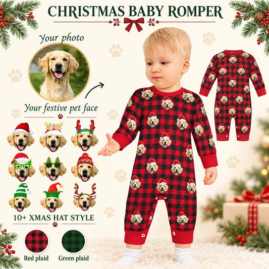 Santa Red Plaid Romper baby baby romper: customization example showing the source pet photo and personalized garment.
