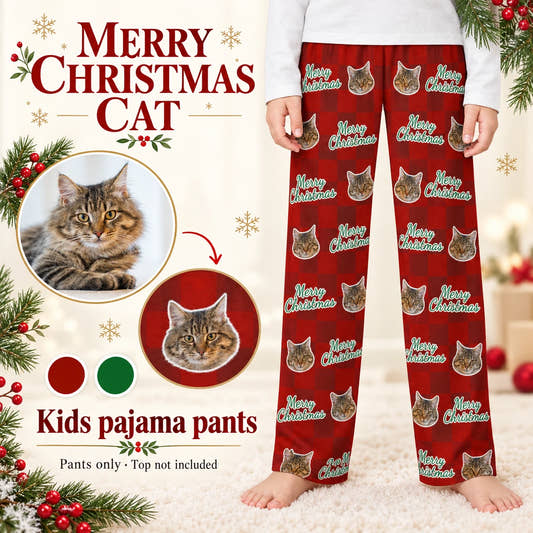 Christmas Pajama Kids’ Pajama Pants children’s pajama pants: customization example showing the source pet photo and personalized garment.