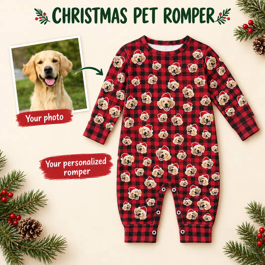 Christmas Plaid Pet Baby Onesie baby baby onesie: customization example showing the source pet photo and personalized garment.