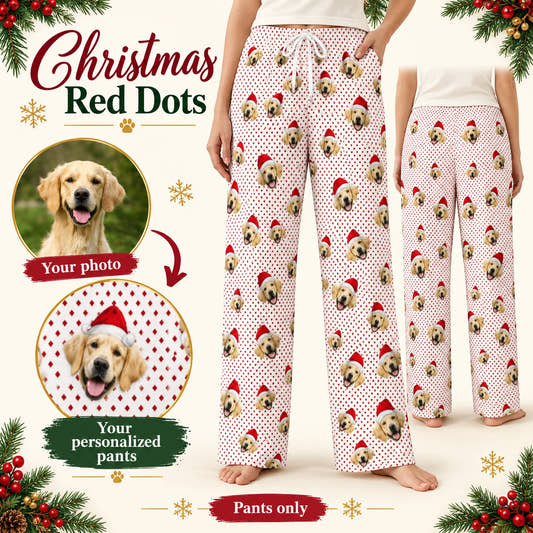 Everywhere Red Dots Pajama Pants adult pajama pants: customization example showing the source pet photo and personalized garment.