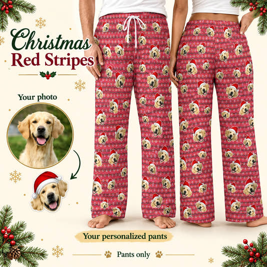 Everywhere Red Stripe Pajama Pants adult pajama pants: customization example showing the source pet photo and personalized garment.