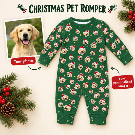 Everywhere Santa Pet Baby Onesie baby baby onesie: customization example showing the source pet photo and personalized garment.