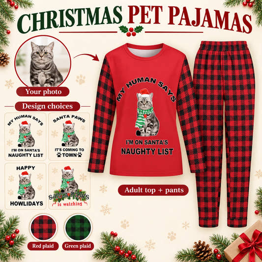 Funny Christmas Pajama Set adult pajama set: customization example showing the source pet photo and personalized garment.