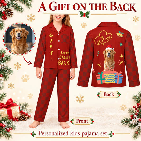 Gift Back Kids Christmas Pajamas children’s pajamas: customization example showing the source pet photo and personalized garment.
