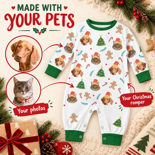 Gingerbread Man Baby Onesie baby baby onesie: customization example showing the source pet photo and personalized garment.
