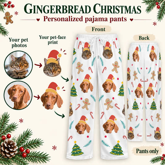 Gingerbread Man Pajama Pants adult pajama pants: customization example showing the source pet photo and personalized garment.