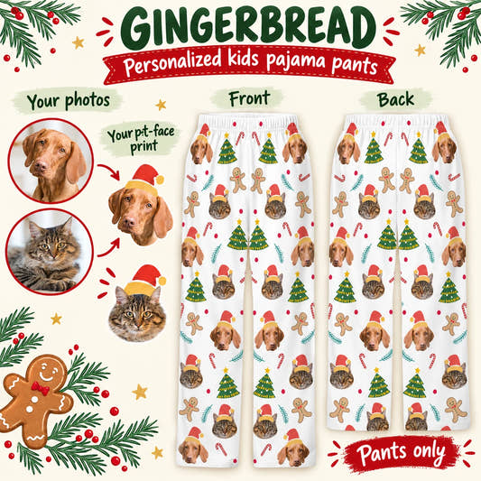 Gingerbread Man Kids’ Pajama Pants children’s pajama pants: customization example showing the source pet photo and personalized garment.