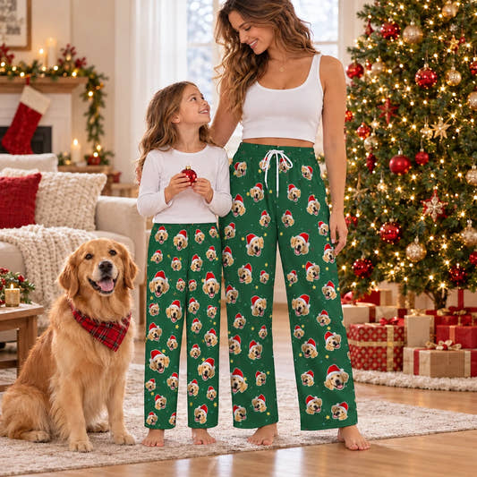Green Stars Santa Pajama Pants coordinated Christmas outfit example; each person’s item is selected and purchased separately.