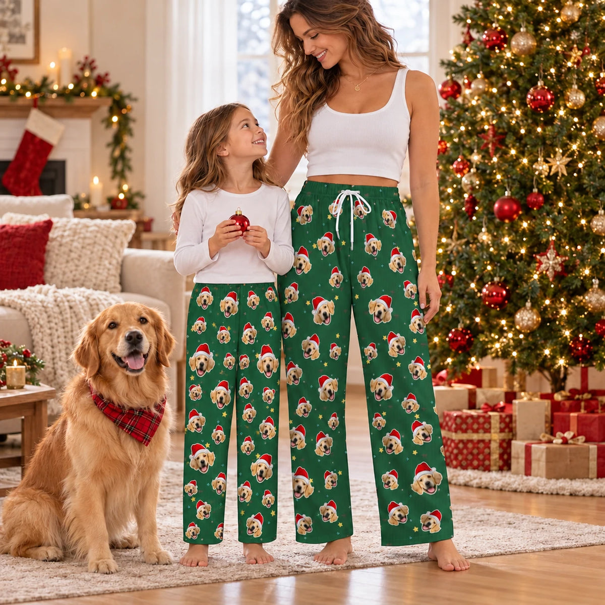 Green Stars Santa Pajama Pants coordinated Christmas outfit example; each person’s item is selected and purchased separately.