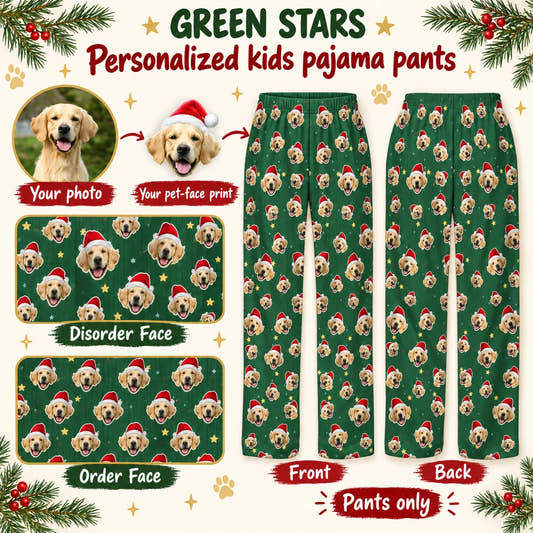 Green Stars Santa Kids’ Pajama Pants children’s pajama pants: customization example showing the source pet photo and personalized garment.