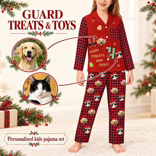 Guard Treats Kids Christmas Pajamas children’s pajamas: customization example showing the source pet photo and personalized garment.