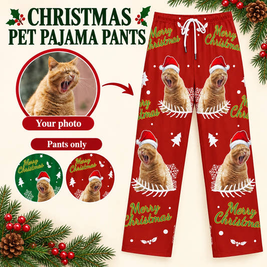 Happy Christmas Pajama Pants adult pajama pants: customization example showing the source pet photo and personalized garment.