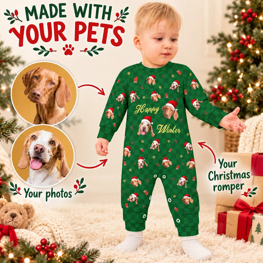 Happy Winter Baby Onesie baby baby onesie: customization example showing the source pet photo and personalized garment.